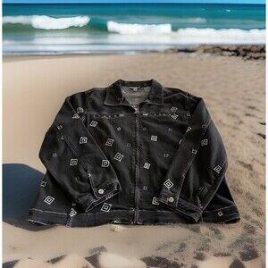 M3-France Denim Jacket Full Zip Embroidered Black Cotton Blend Lady Size 2X READ